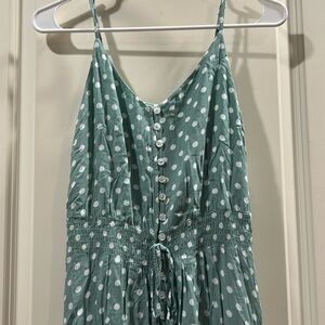 NWOT Flowy Polkadot spaghetti strap button front Midi Dress slit ruffle size S